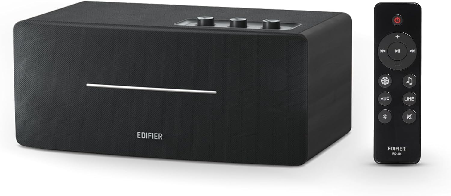 EDIFIER D12 - Haut-Parleur Bluetooth, Son Stéréo 70W avec DSP, Entrées RCA/AUX/Bluetooth, Télécommande sans Fil, Enceinte Multimédia pour PC/Smartphone/TV