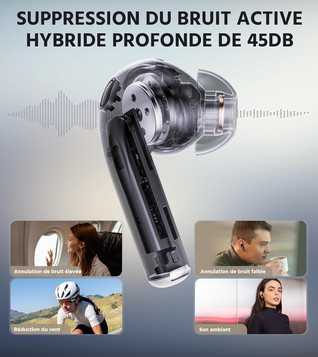 EDIFIER W260NC - Écouteur Suppression Bruit Active 45 DB, Son Haute Résolution sans Fil LDAC, 6 Mics IA pour Appels Ultra-Clairs, Bluetooth 5.3