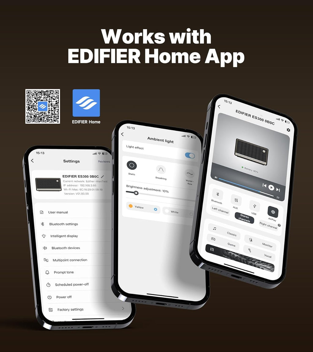 EDIFIER ES300 - Haut-parleur Wi-Fi et Bluetooth - 60 W Hi-Res Audio, AirPlay 2, LDAC, batterie 12 h, Multiroom, USB et AUX, éclairage ambiant, boîtier en bois, App
