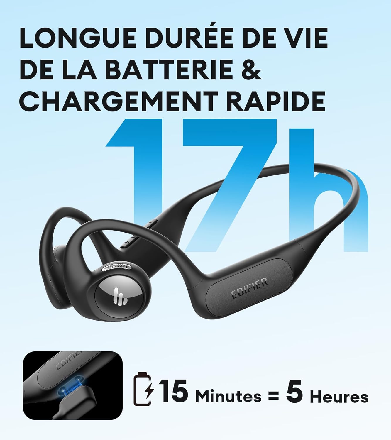 EDIFIER ComfoRun - Écouteurs de Sport sans Fil à Conduction Aérienne, Bluetooth 5.3, Micro Intégré, Autonomie de 17h, Charge Rapide, Podomètre Intégré, IP55 Résistance à la Sueur pour Entraînement