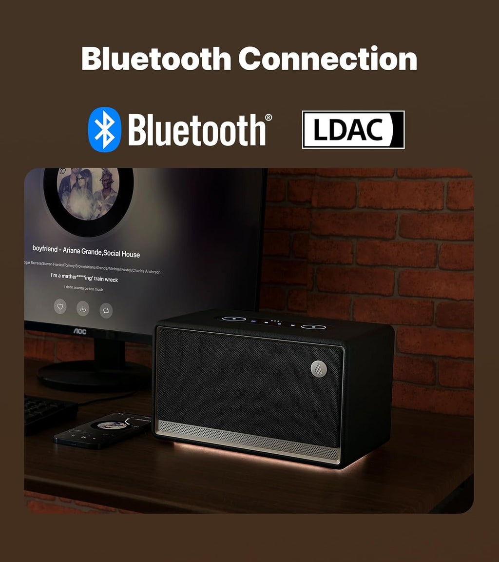 EDIFIER ES300 - Haut-parleur Wi-Fi et Bluetooth - 60 W Hi-Res Audio, AirPlay 2, LDAC, batterie 12 h, Multiroom, USB et AUX, éclairage ambiant, boîtier en bois, App