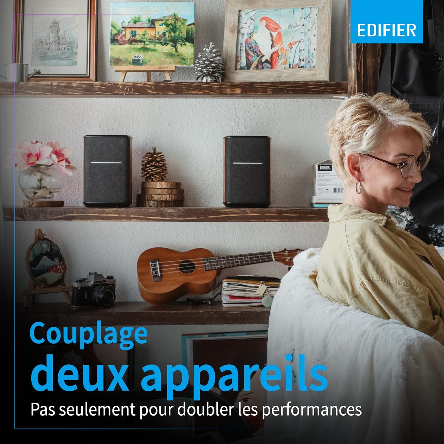 Edifier MS50A - Haut-Parleur WiFi Smart avec Bluetooth et Fonction stéréo sans Fil Fonctionne avec Amazon Alexa, Apple AirPlay 2, Spotify, etc. Marron