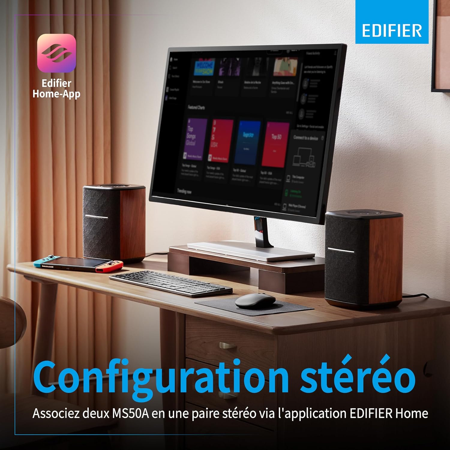 Edifier MS50A - Haut-Parleur WiFi Smart avec Bluetooth et Fonction stéréo sans Fil Fonctionne avec Amazon Alexa, Apple AirPlay 2, Spotify, etc. Marron