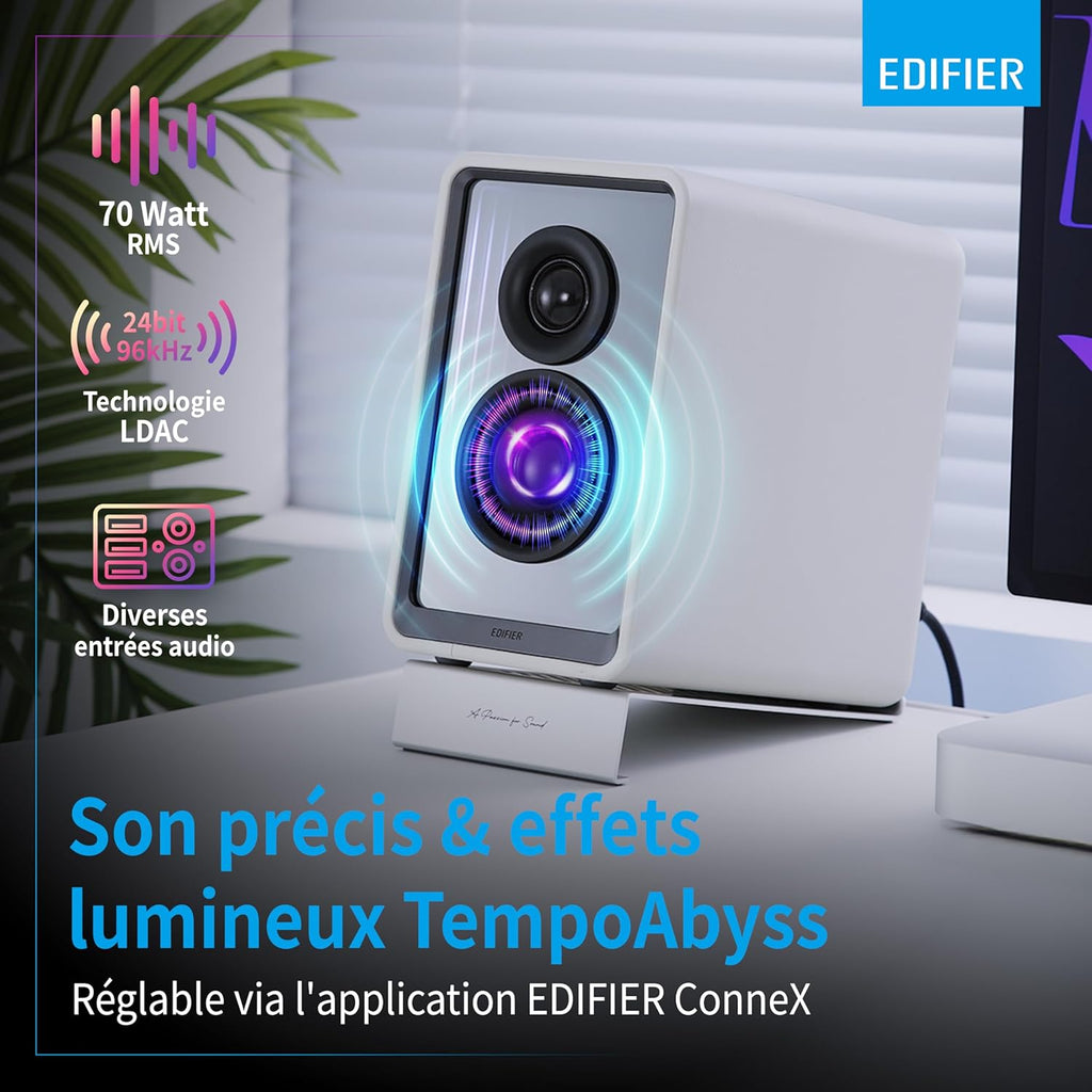 EDIFIER QR65 - Haut-Parleurs Design Actifs (70 W) avec Effets Lumineux RVB, 3 Ports de Charge Rapide USB TurboGaN et Sortie Caisson de Basses