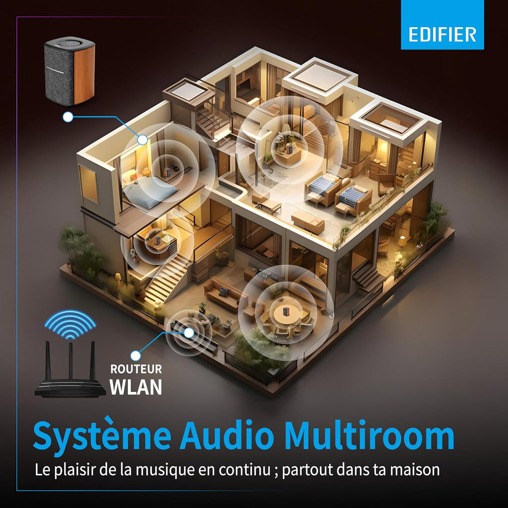 Edifier MS50A - Haut-Parleur WiFi Smart avec Bluetooth et Fonction stéréo sans Fil Fonctionne avec Amazon Alexa, Apple AirPlay 2, Spotify, etc. Marron