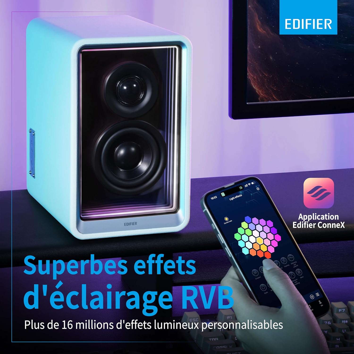 EDIFIER QR65 - Haut-Parleurs Design Actifs (70 W) avec Effets Lumineux RVB, 3 Ports de Charge Rapide USB TurboGaN et Sortie Caisson de Basses