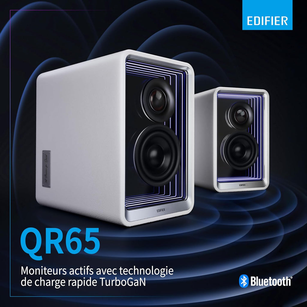 EDIFIER QR65 - Haut-Parleurs Design Actifs (70 W) avec Effets Lumineux RVB, 3 Ports de Charge Rapide USB TurboGaN et Sortie Caisson de Basses