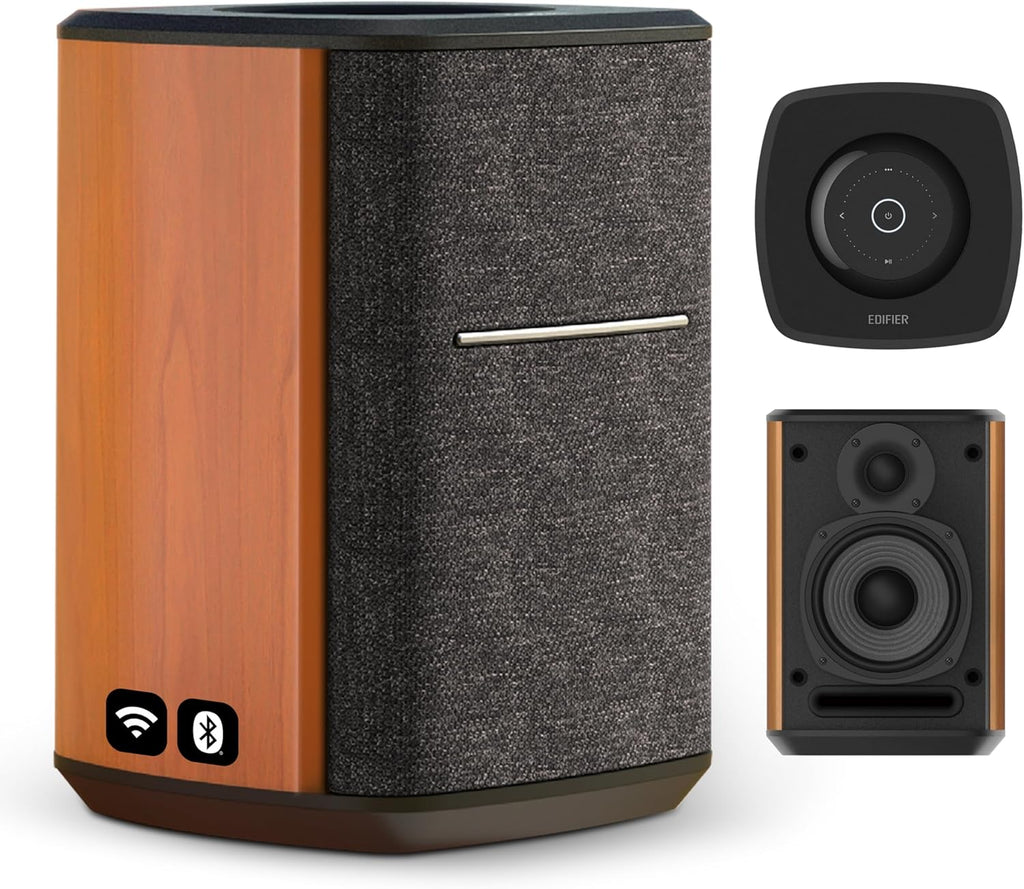 Edifier MS50A - Haut-Parleur WiFi Smart avec Bluetooth et Fonction stéréo sans Fil Fonctionne avec Amazon Alexa, Apple AirPlay 2, Spotify, etc. Marron