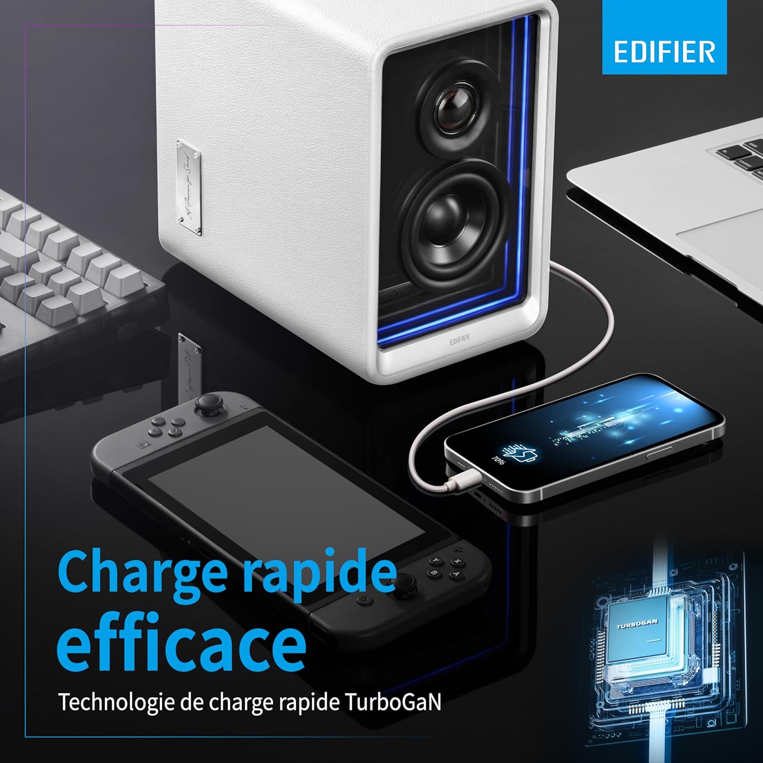 EDIFIER QR65 - Haut-Parleurs Design Actifs (70 W) avec Effets Lumineux RVB, 3 Ports de Charge Rapide USB TurboGaN et Sortie Caisson de Basses