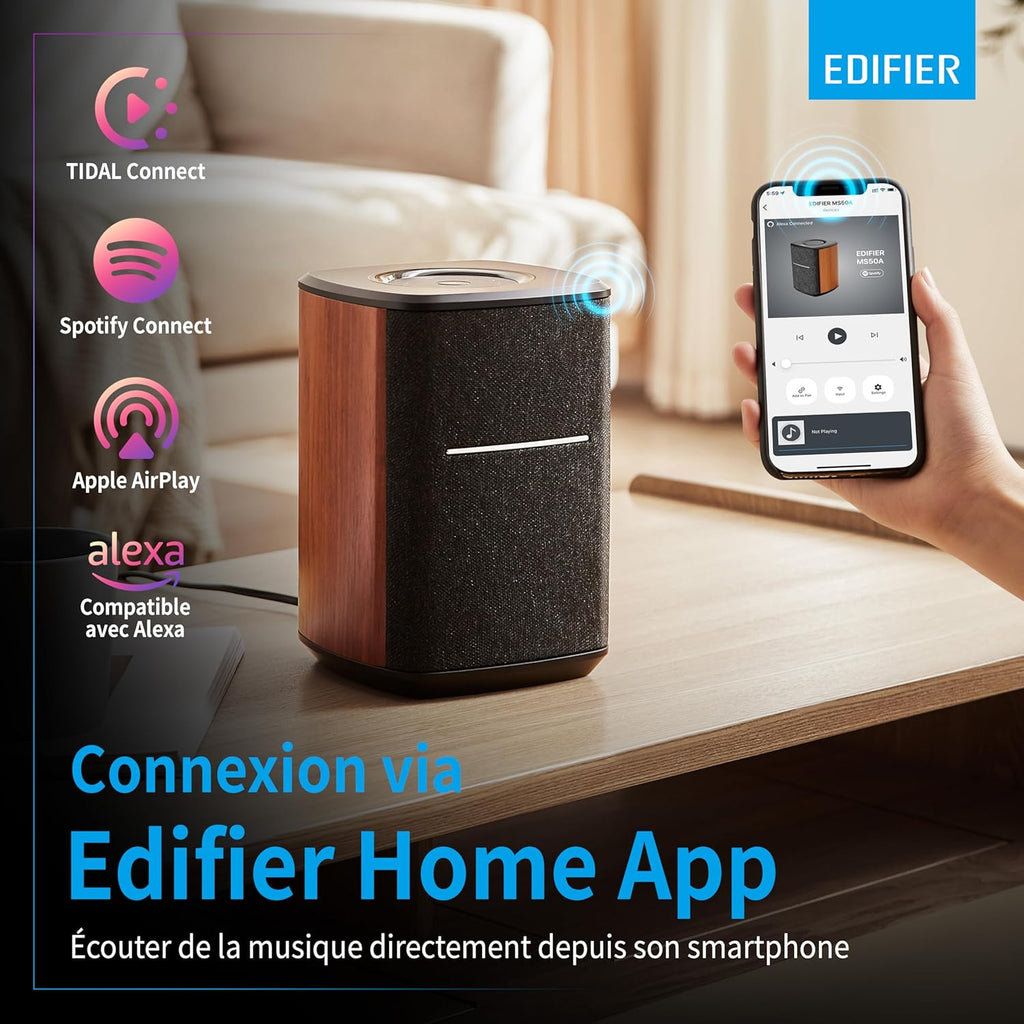 Edifier MS50A - Haut-Parleur WiFi Smart avec Bluetooth et Fonction stéréo sans Fil Fonctionne avec Amazon Alexa, Apple AirPlay 2, Spotify, etc. Marron