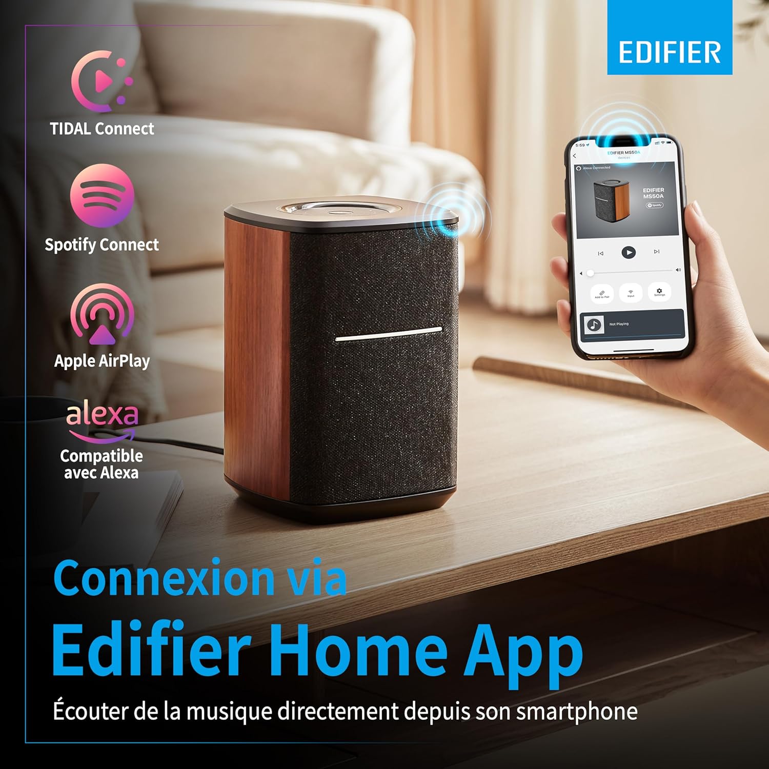 Edifier MS50A - Haut-Parleur WiFi Smart avec Bluetooth et Fonction stéréo sans Fil Fonctionne avec Amazon Alexa, Apple AirPlay 2, Spotify, etc. Marron