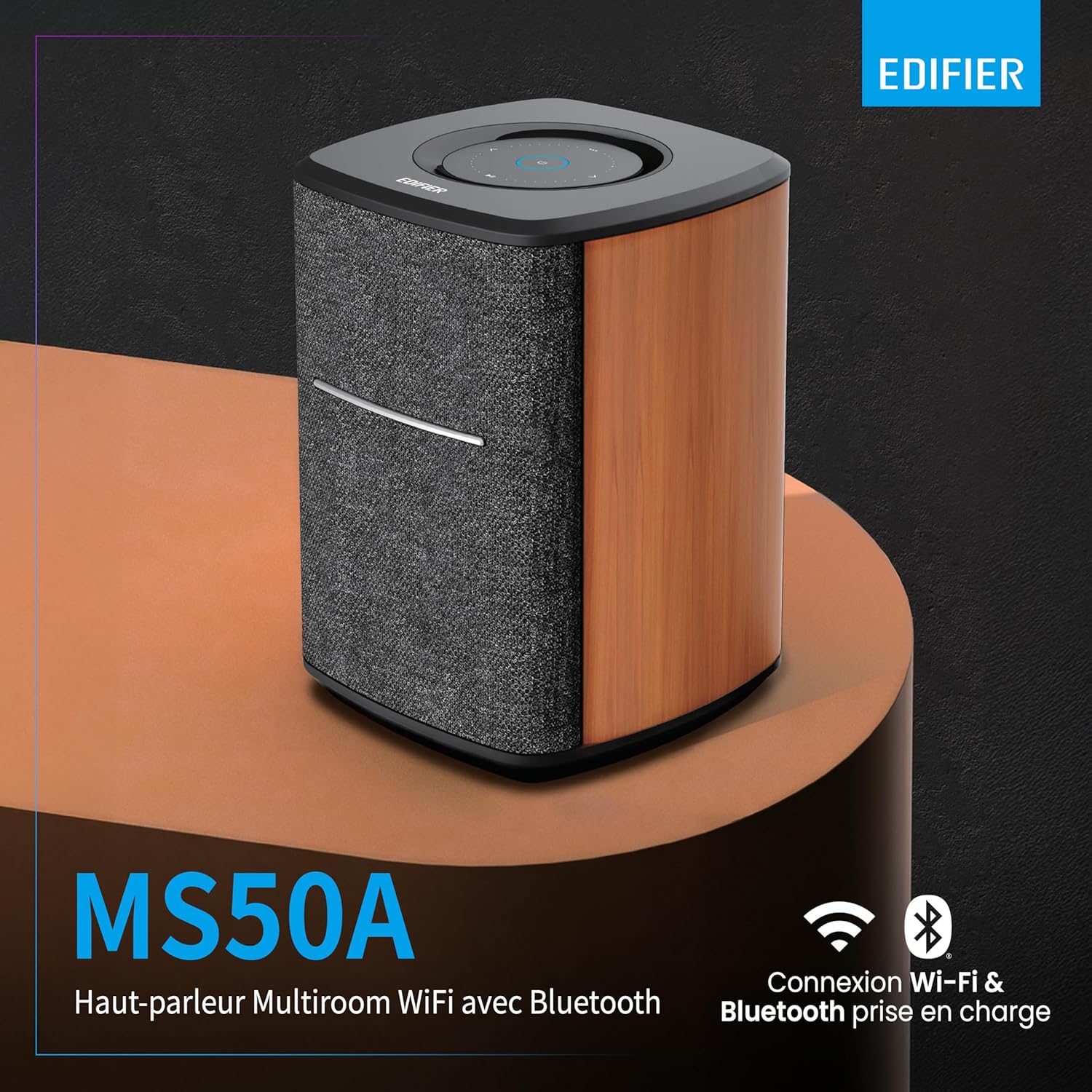 Edifier MS50A - Haut-Parleur WiFi Smart avec Bluetooth et Fonction stéréo sans Fil Fonctionne avec Amazon Alexa, Apple AirPlay 2, Spotify, etc. Marron